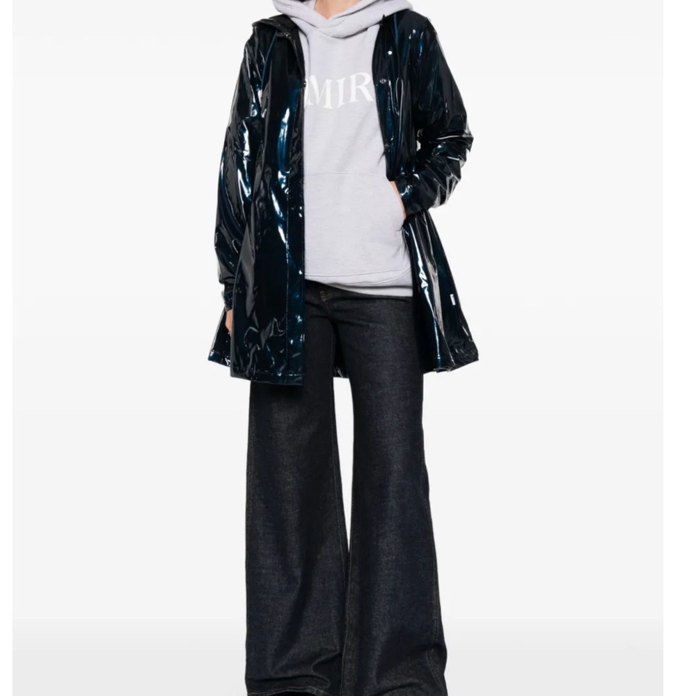 RAINS A-Line Long Jacket W3 Hooded | `Spill’ Shiny Dark Blue | Women L | NWT NEW - Picture 6 of 8